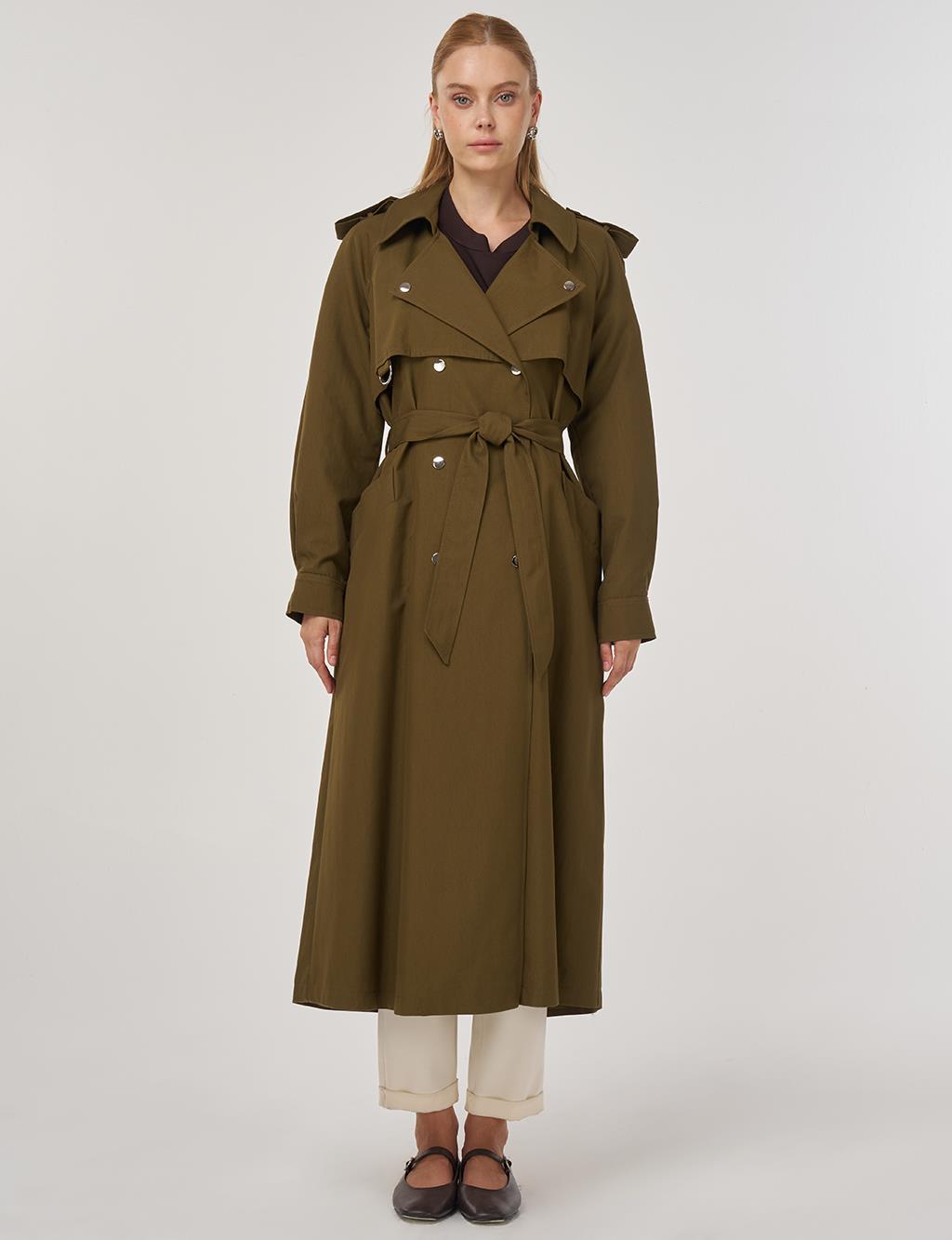 Belted Long Trench Coat in Khaki