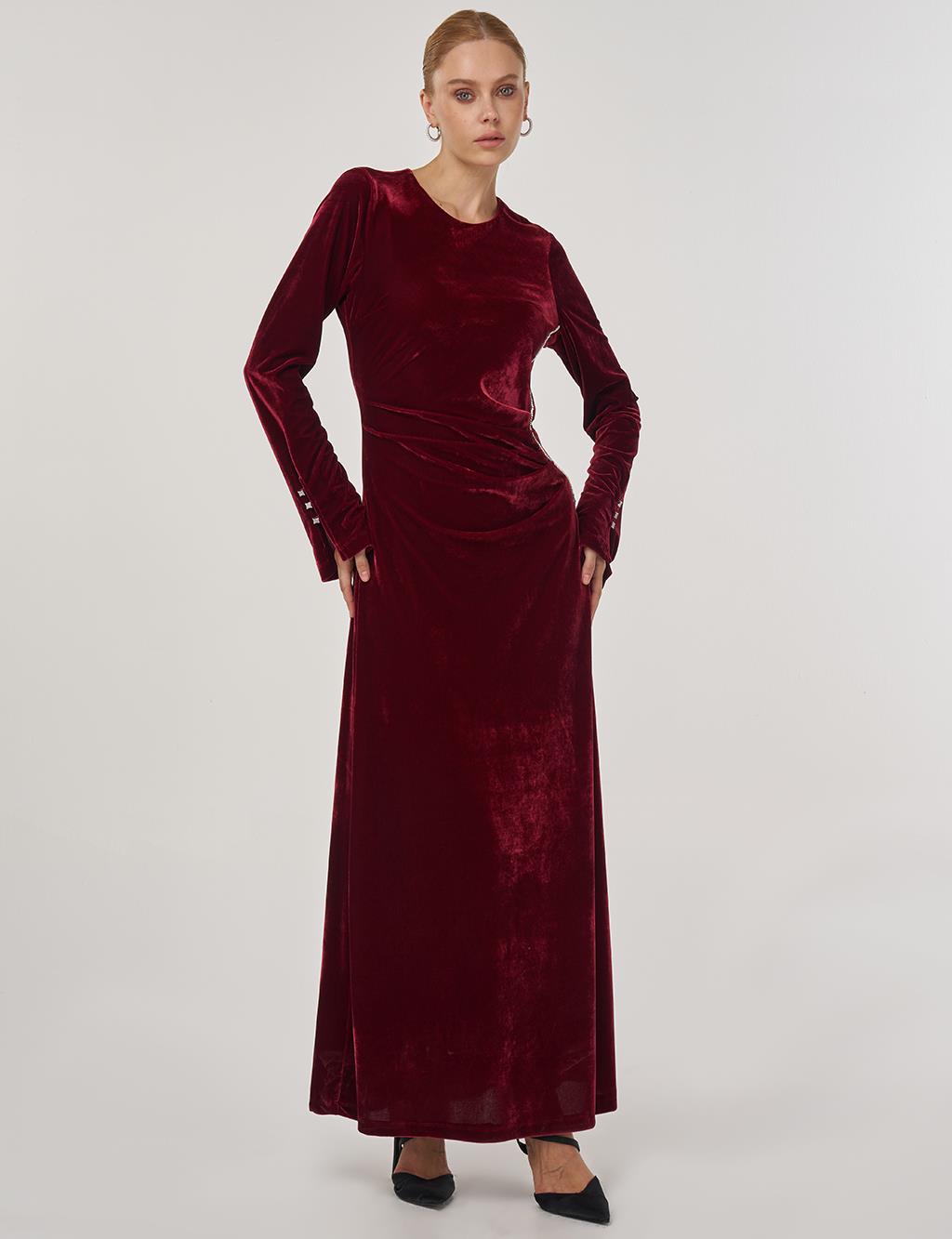 Stone-Embellished Velvet Elegant Dress Burgundy