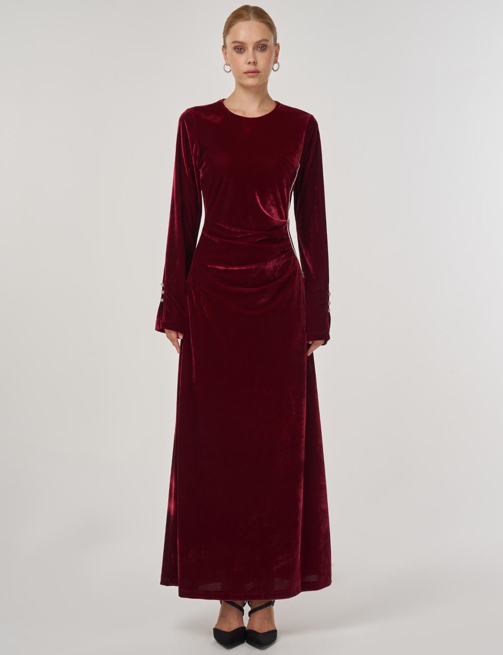 Stone-Embellished Velvet Elegant Dress Burgundy