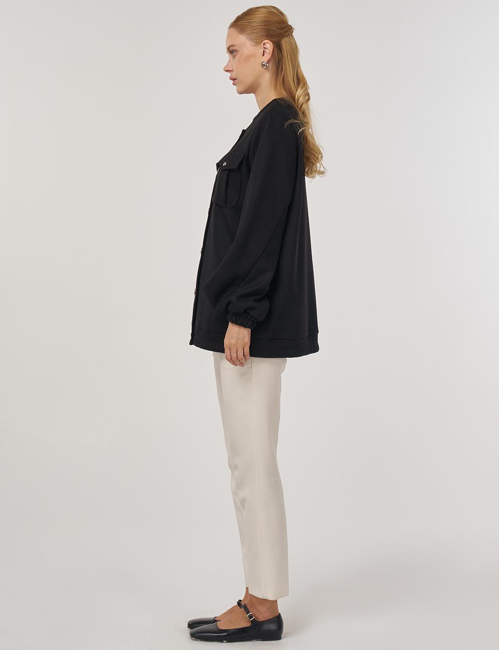 Cep Detaylı Keçe Ceket Siyah 
