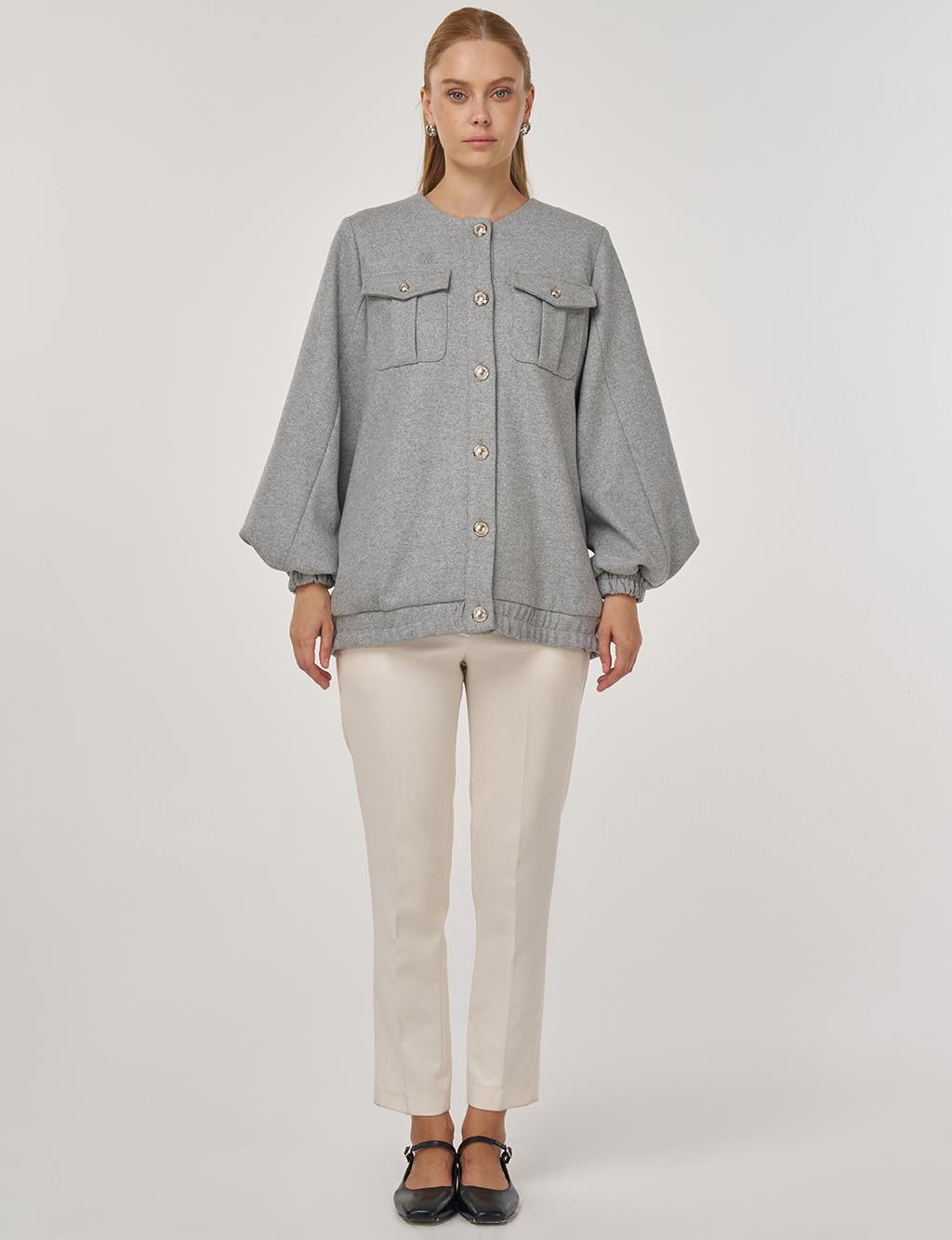 Cep Detaylı Keçe Ceket Gri