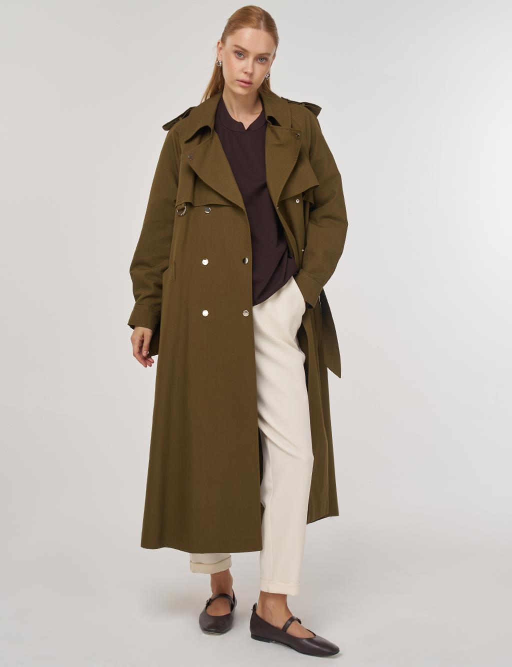 Belted Long Trench Coat in Khaki