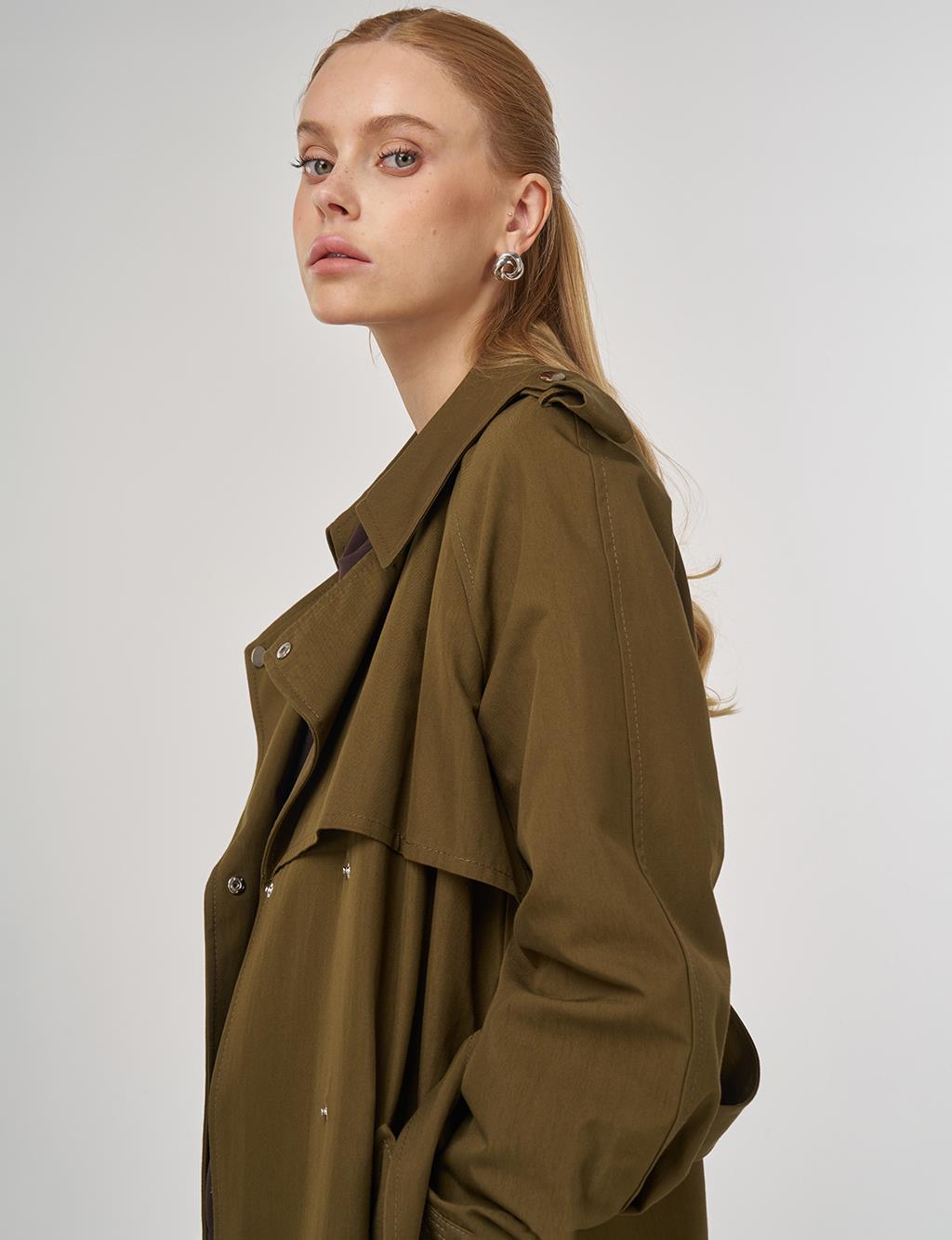 Belted Long Trench Coat in Khaki