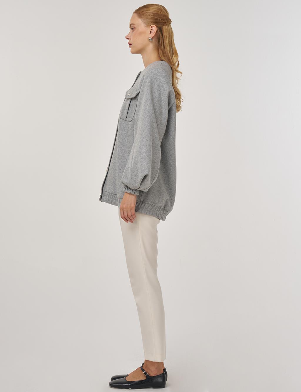 Cep Detaylı Keçe Ceket Gri