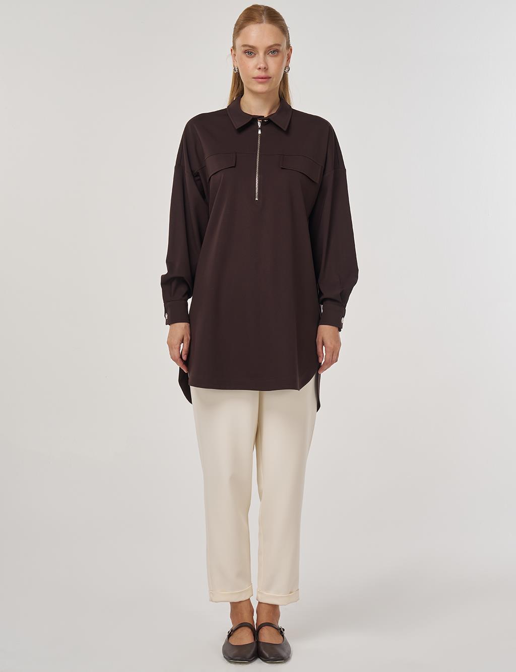 Flap-Pocket Rayon Tunic Dark Brown