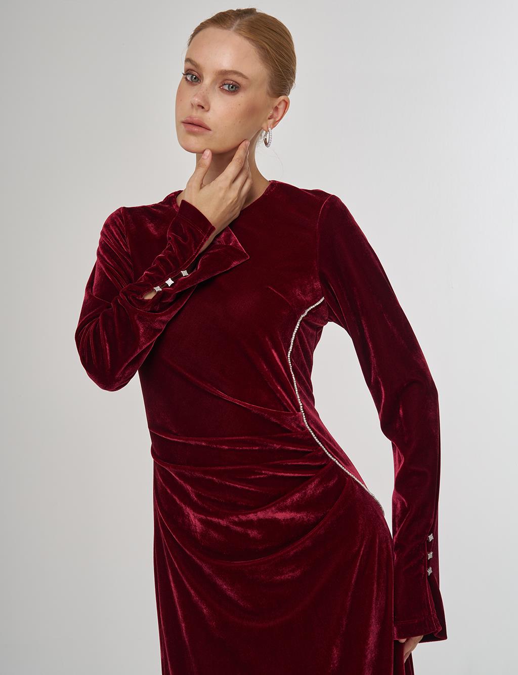 Stone-Embellished Velvet Elegant Dress Burgundy