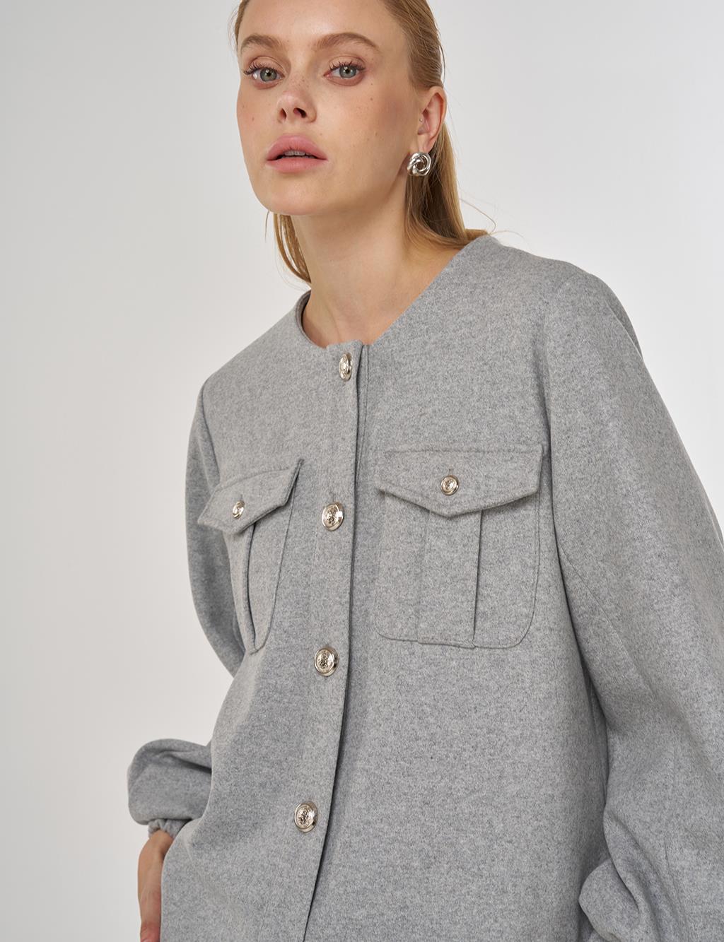 Cep Detaylı Keçe Ceket Gri