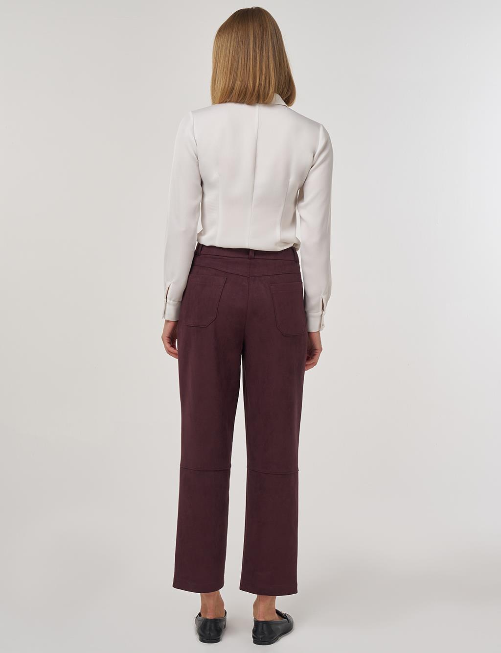 Suede Pants with Stitching Detail Dark Burgundy