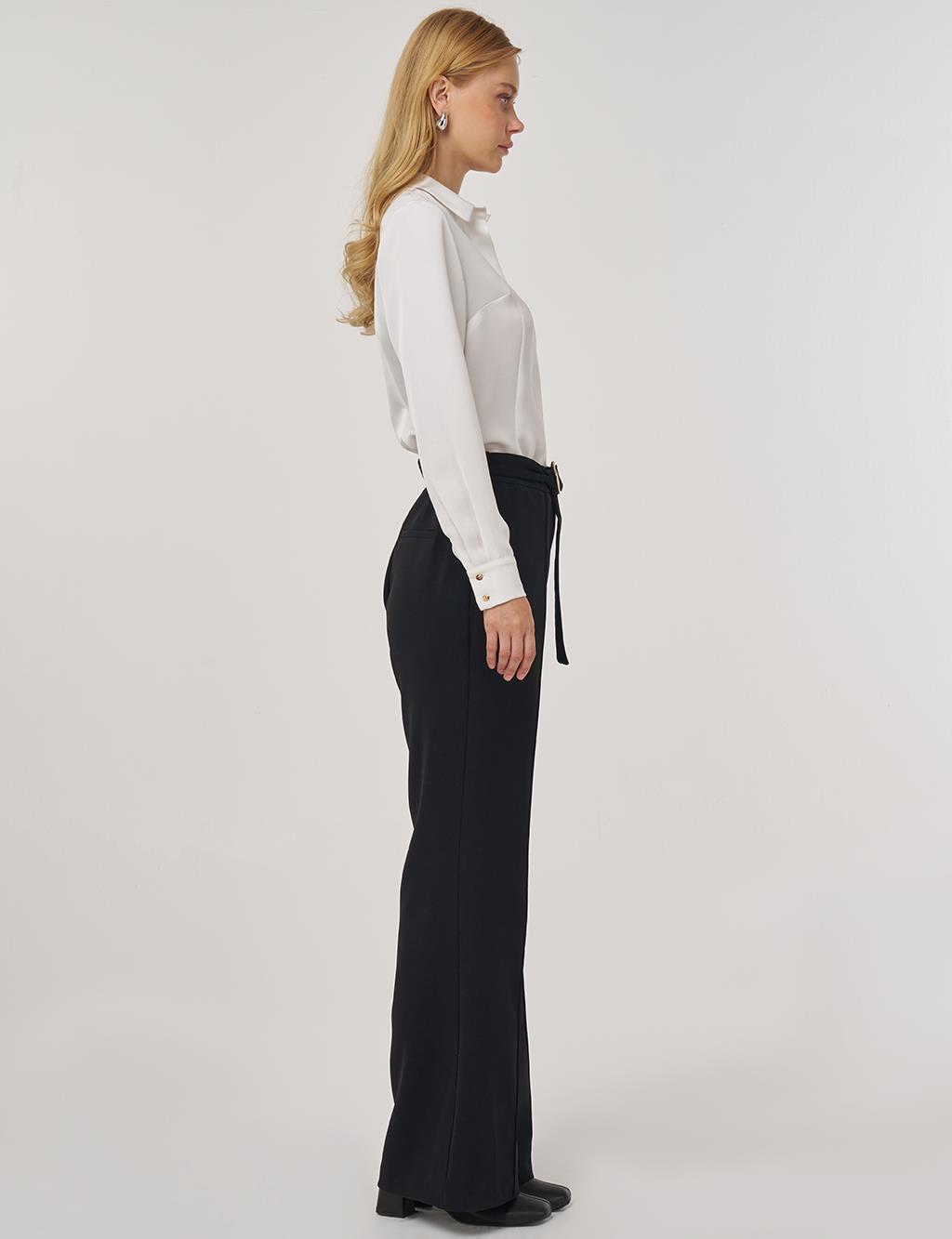 Kemer Detaylı İspanyol Paça Pantolon Siyah 