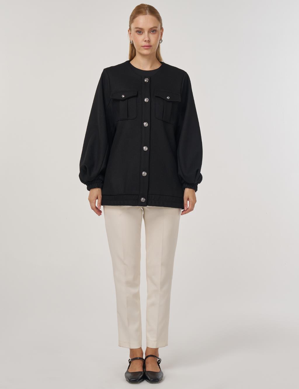 Cep Detaylı Keçe Ceket Siyah 
