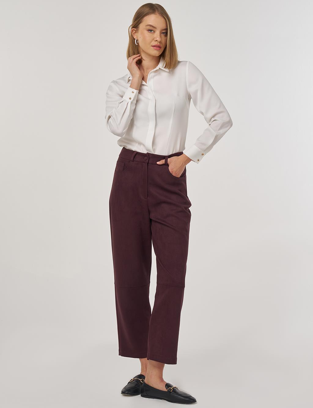 Suede Pants with Stitching Detail Dark Burgundy