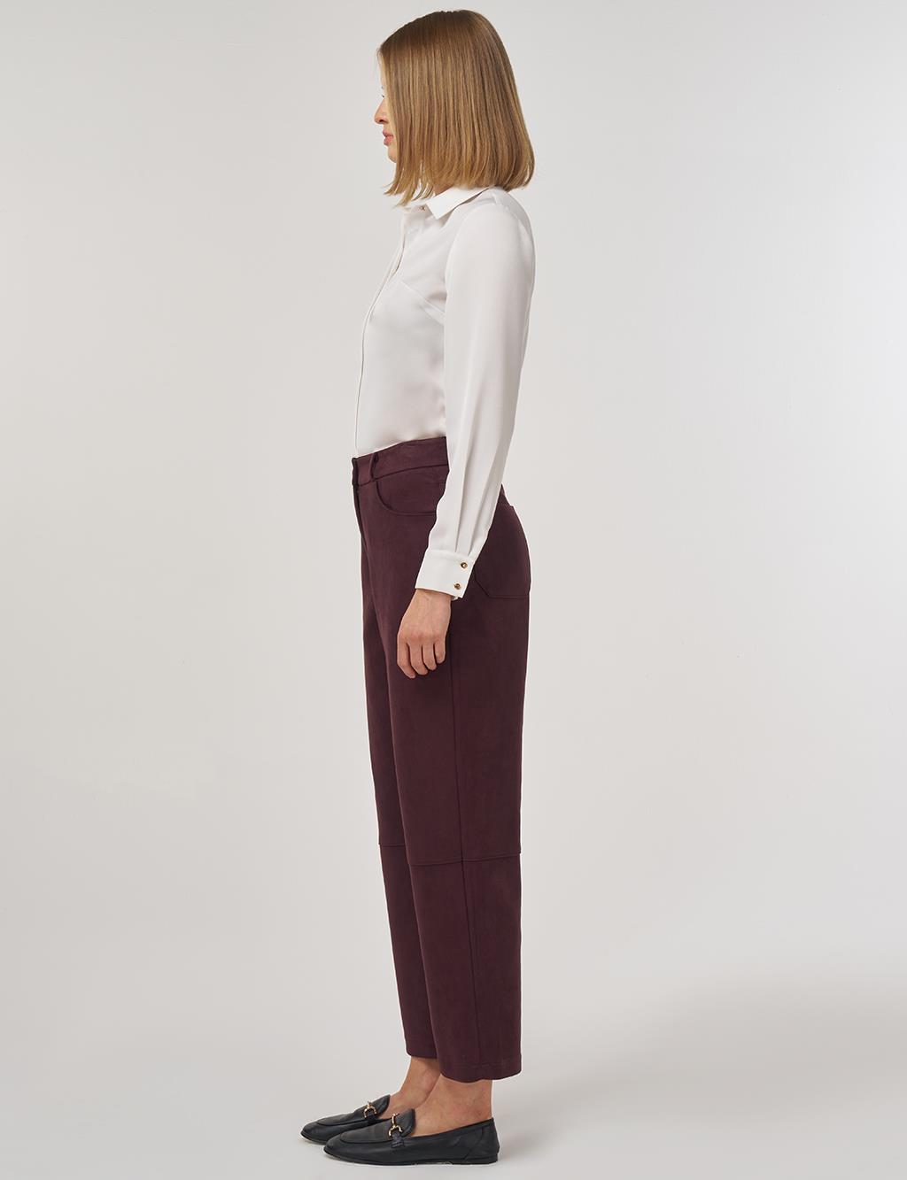 Suede Pants with Stitching Detail Dark Burgundy