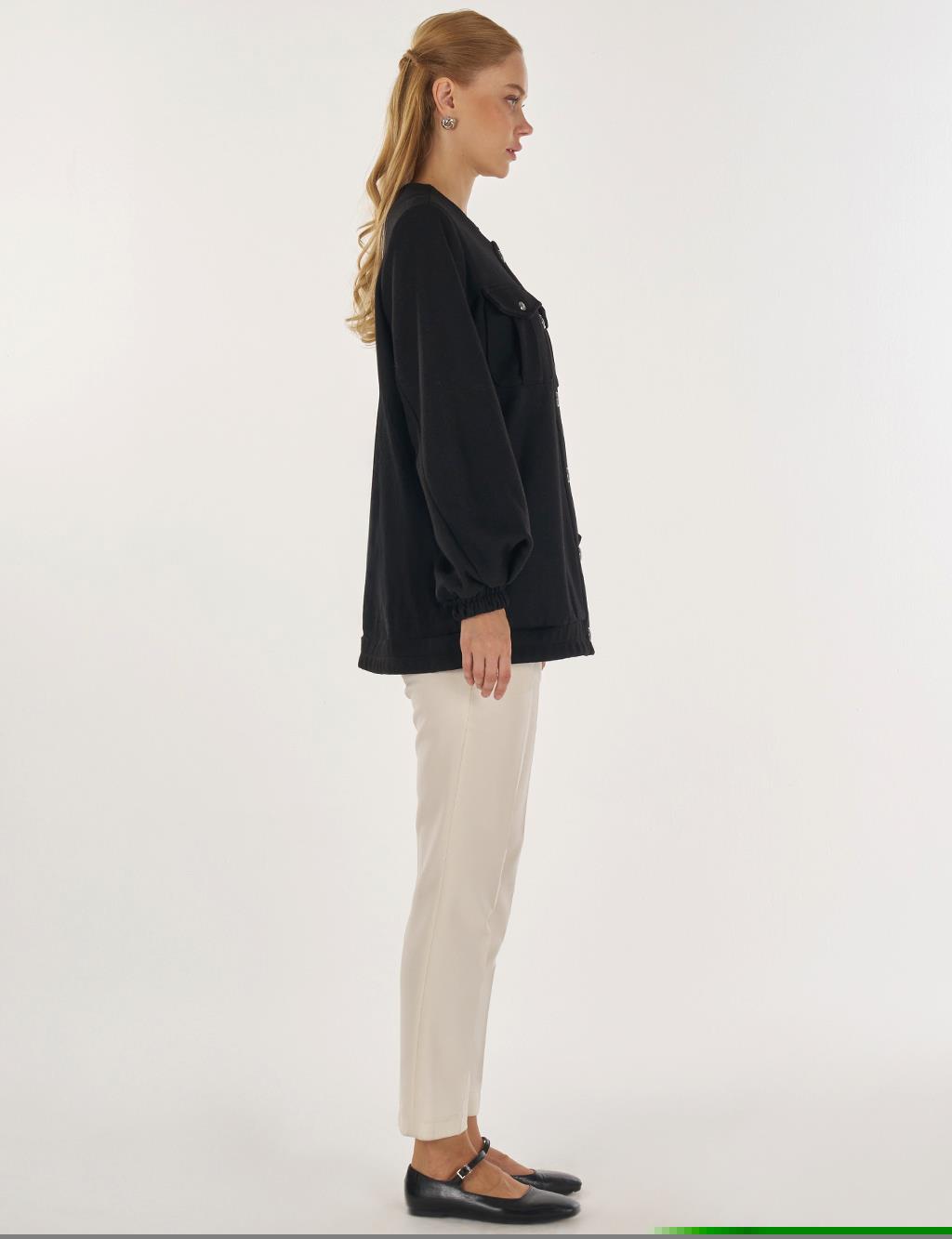 Cep Detaylı Keçe Ceket Siyah 