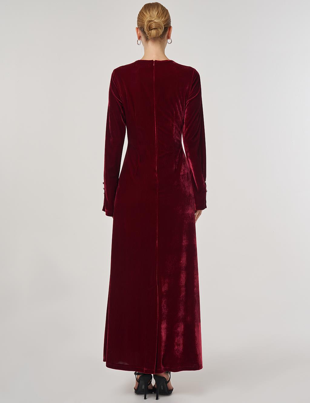 Stone-Embellished Velvet Elegant Dress Burgundy