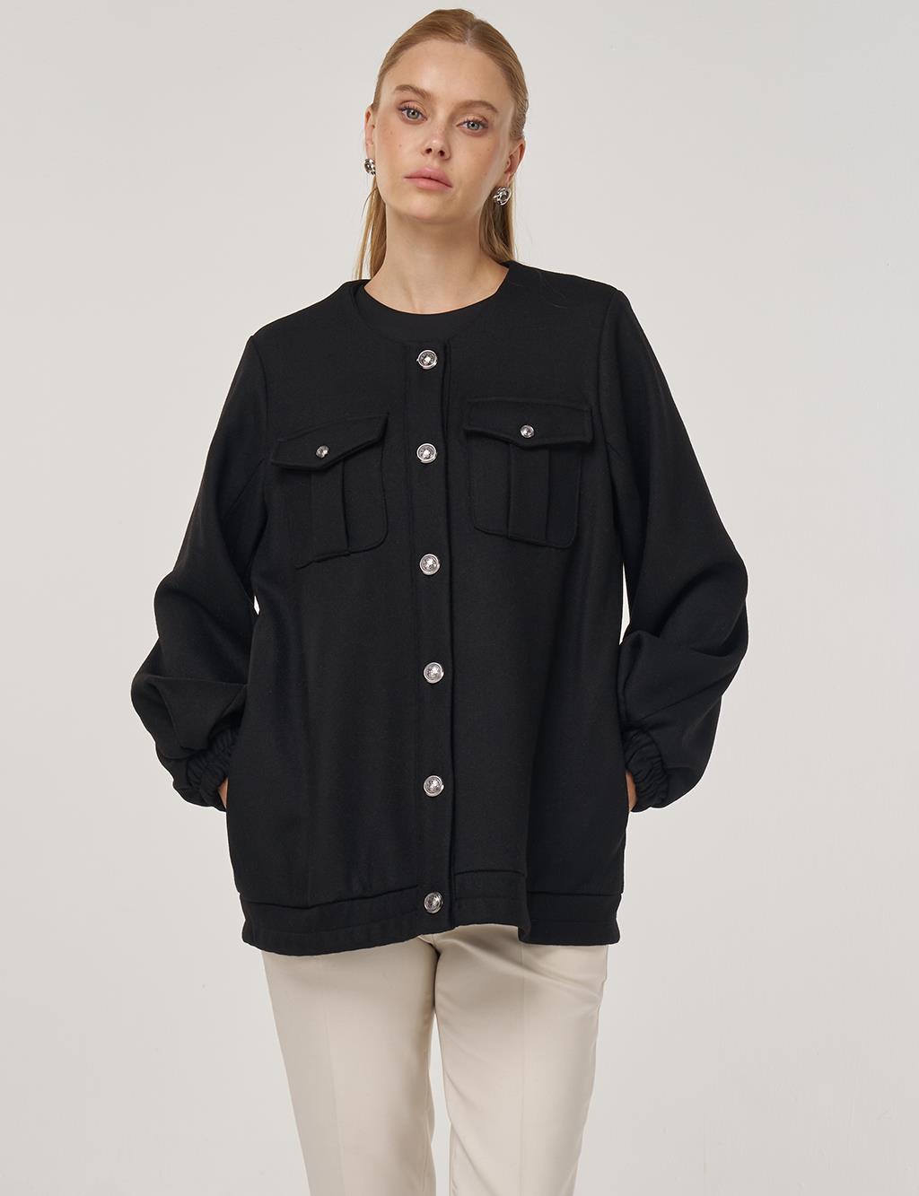 Cep Detaylı Keçe Ceket Siyah 