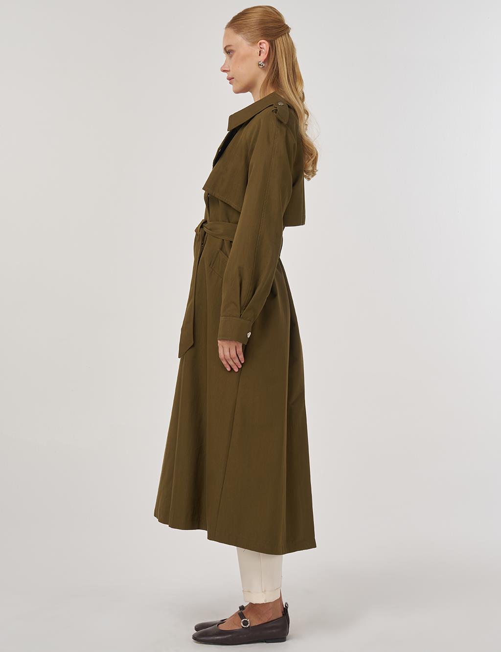 Belted Long Trench Coat in Khaki
