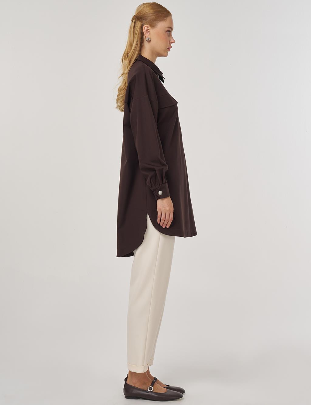 Flap-Pocket Rayon Tunic Dark Brown