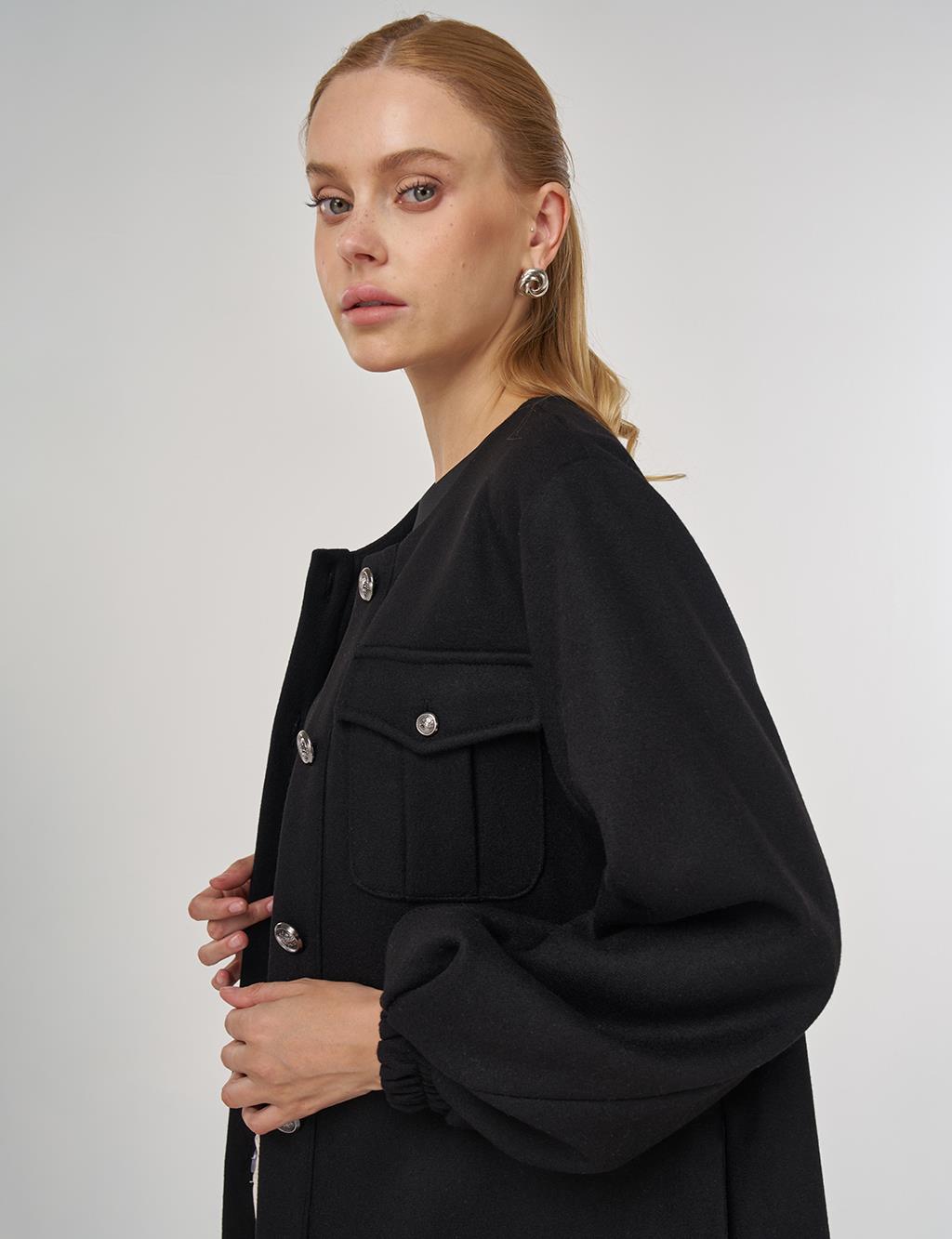 Cep Detaylı Keçe Ceket Siyah 