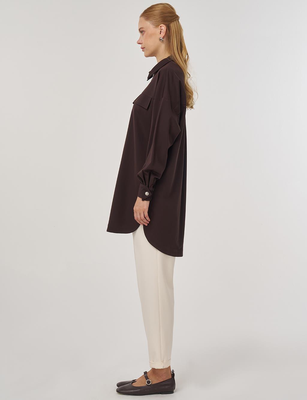 Flap-Pocket Rayon Tunic Dark Brown