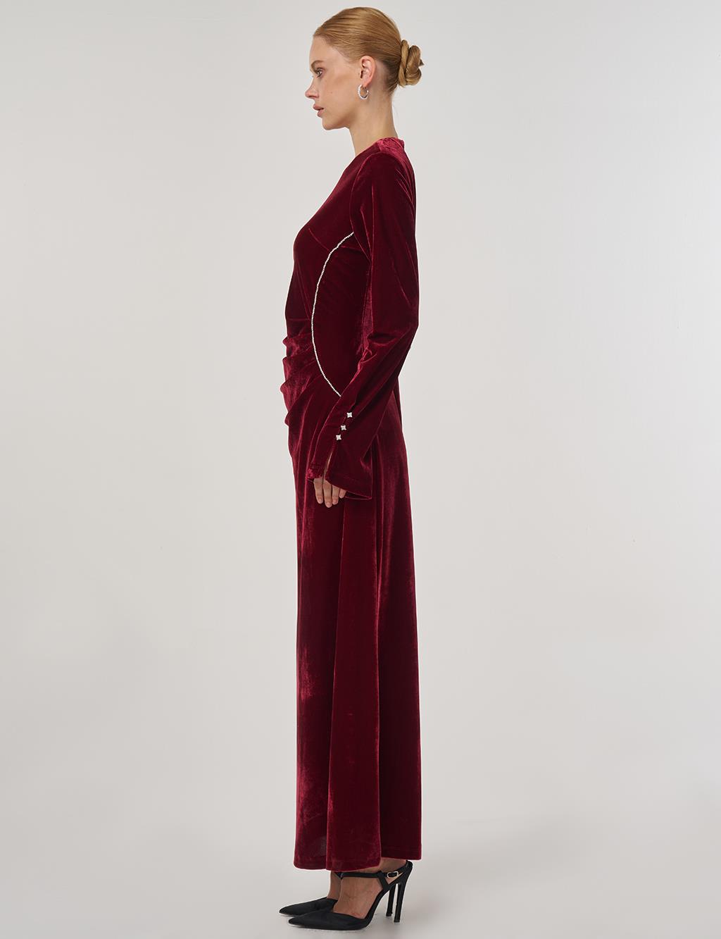 Stone-Embellished Velvet Elegant Dress Burgundy