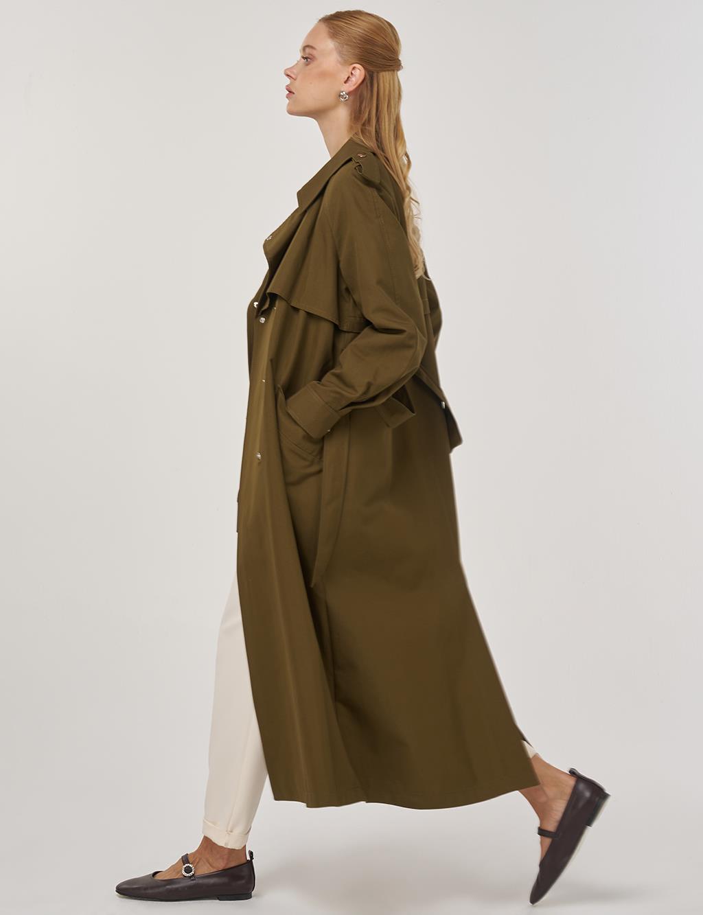 Belted Long Trench Coat in Khaki