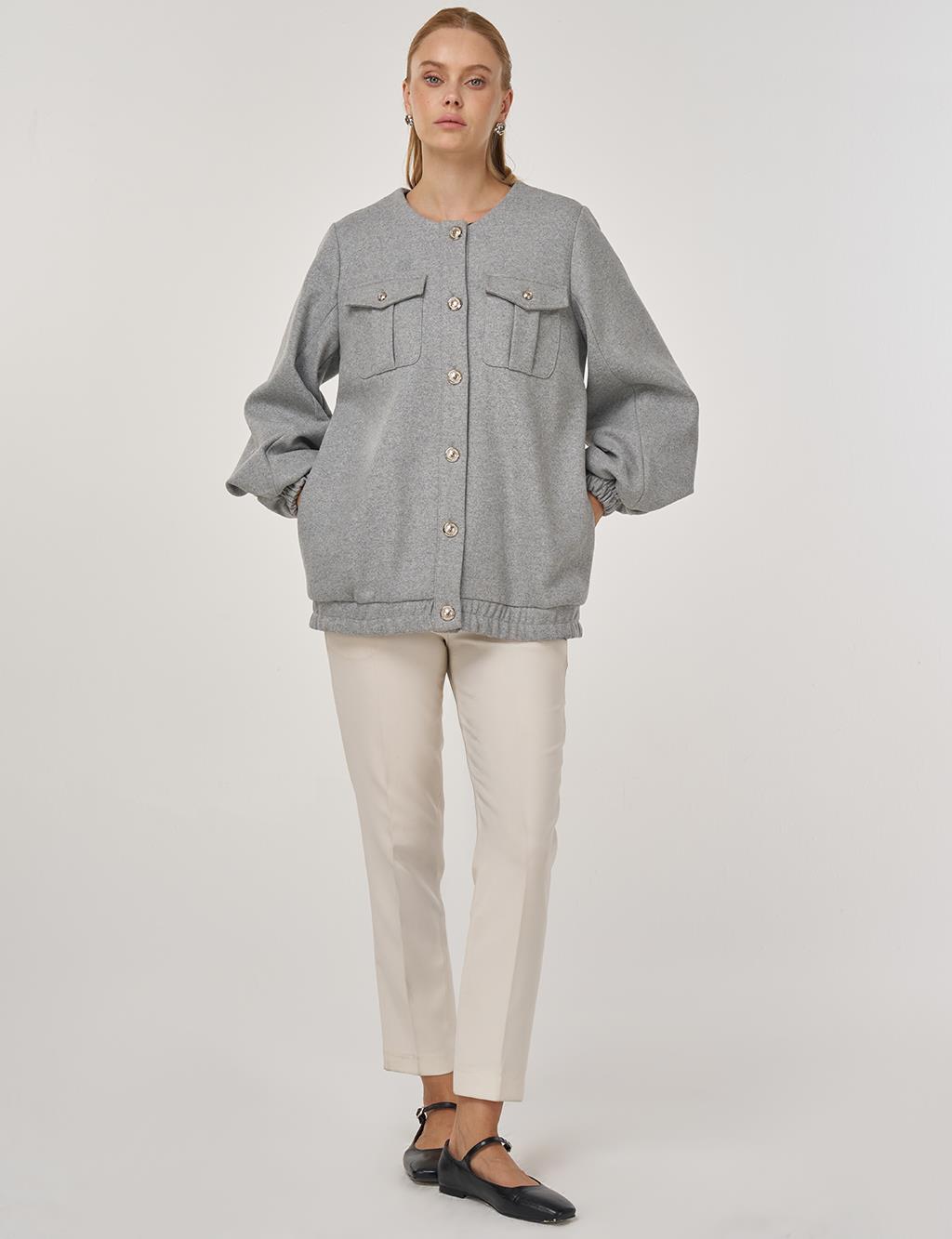 Cep Detaylı Keçe Ceket Gri