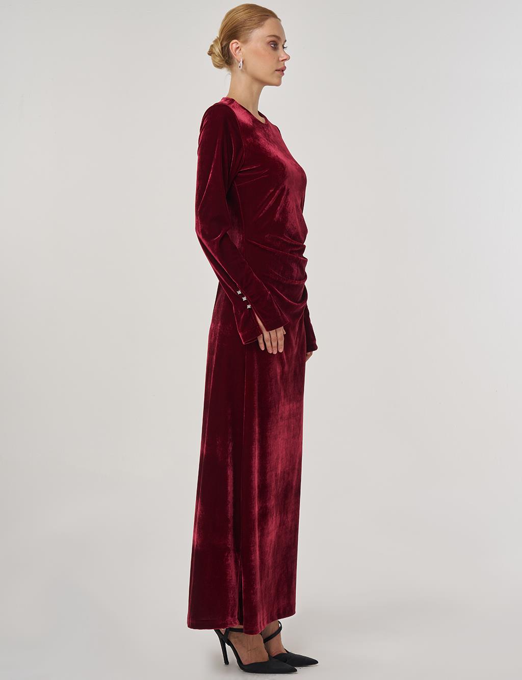 Stone-Embellished Velvet Elegant Dress Burgundy
