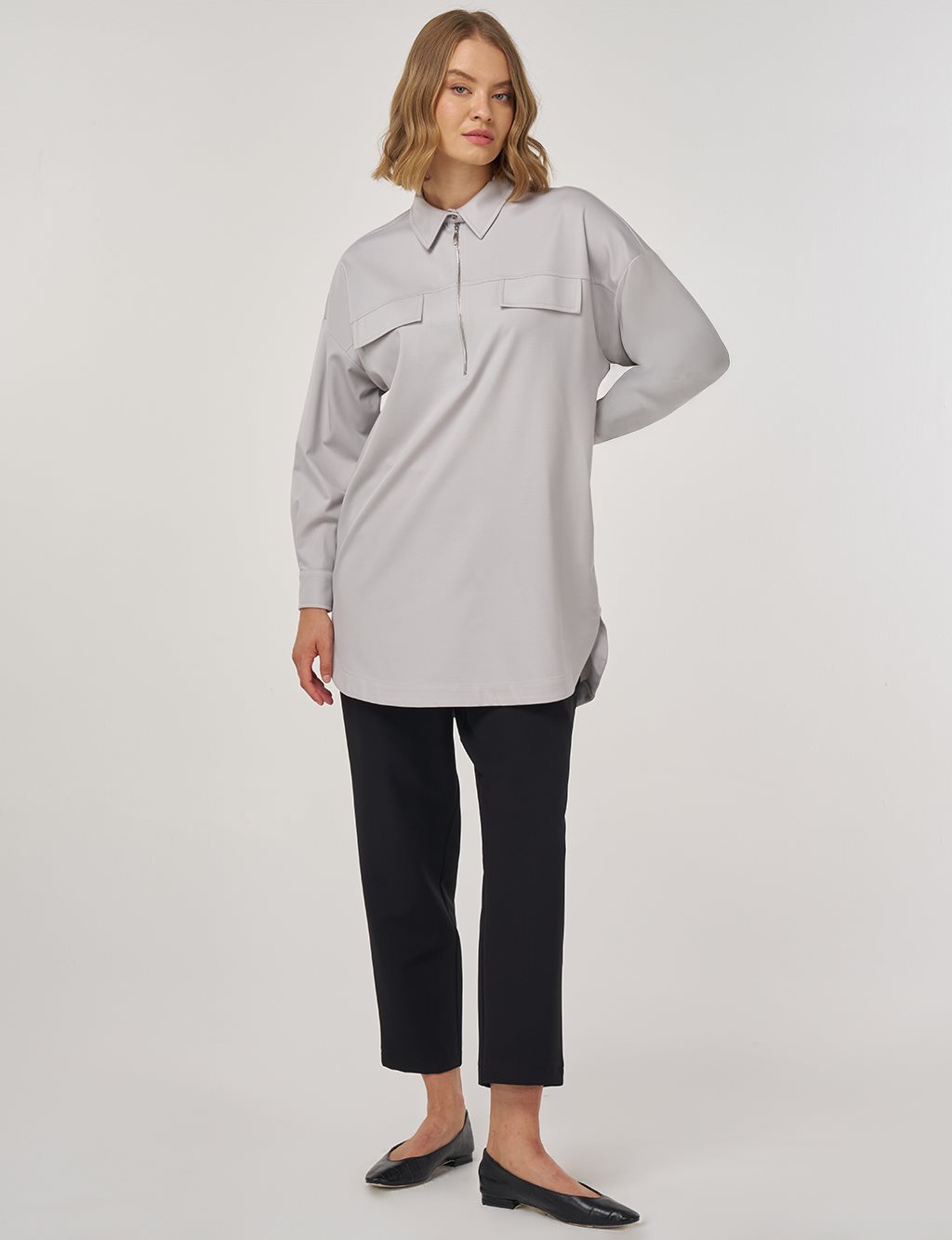 Flap-Pocket Rayon Tunic Gray