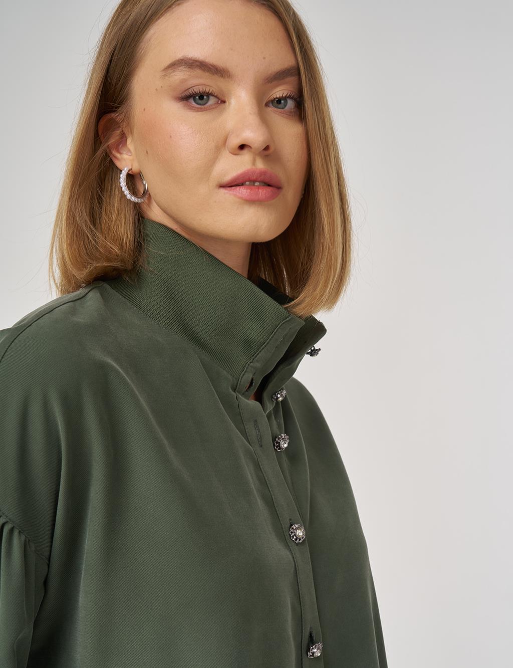 High-Collar Rayon Blouse Forest Green