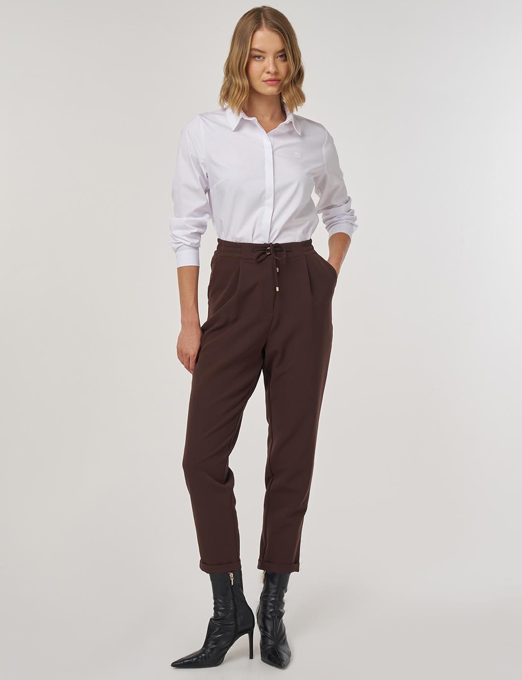 Duble Paça Pileli Pantolon Koyu Kahve