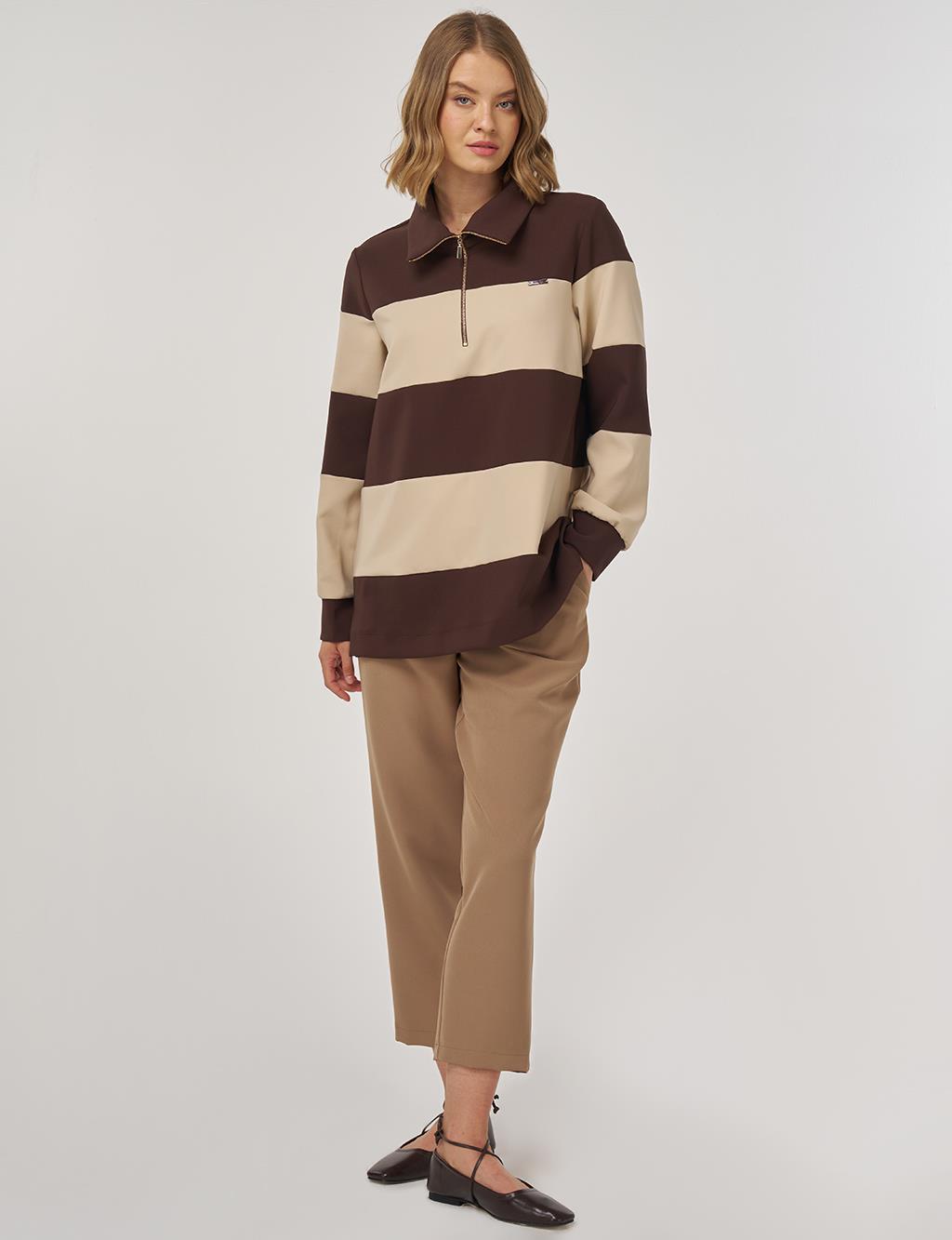 Color-Blocked Wide-Collar Sweatshirt Dark Brown