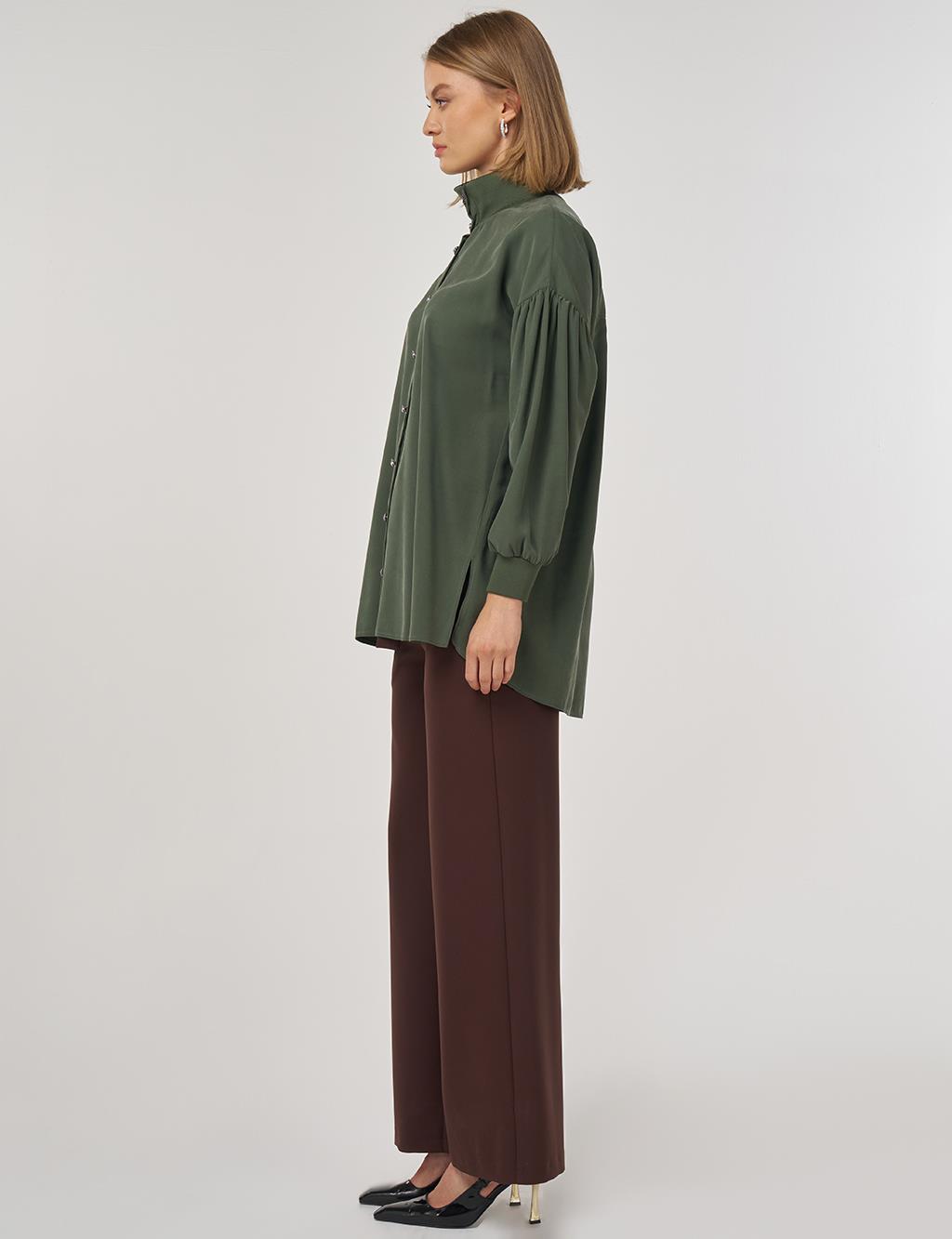 High-Collar Rayon Blouse Forest Green