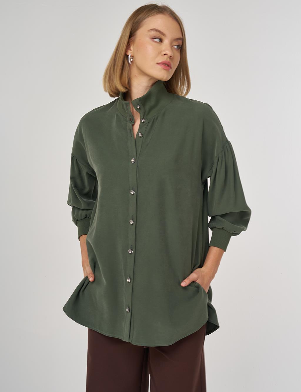 High-Collar Rayon Blouse Forest Green