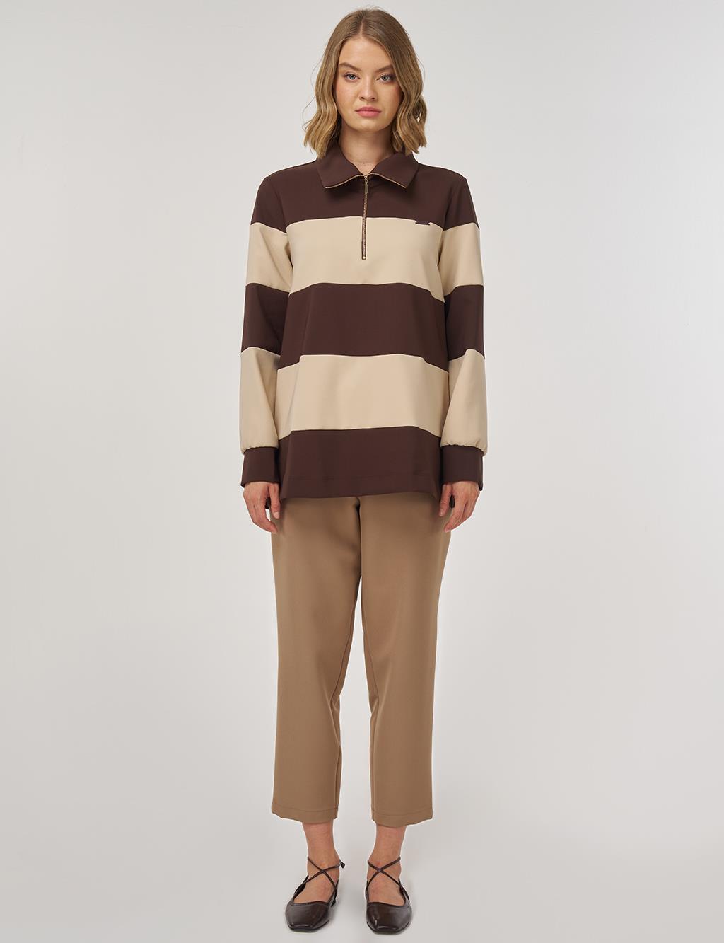 Color-Blocked Wide-Collar Sweatshirt Dark Brown