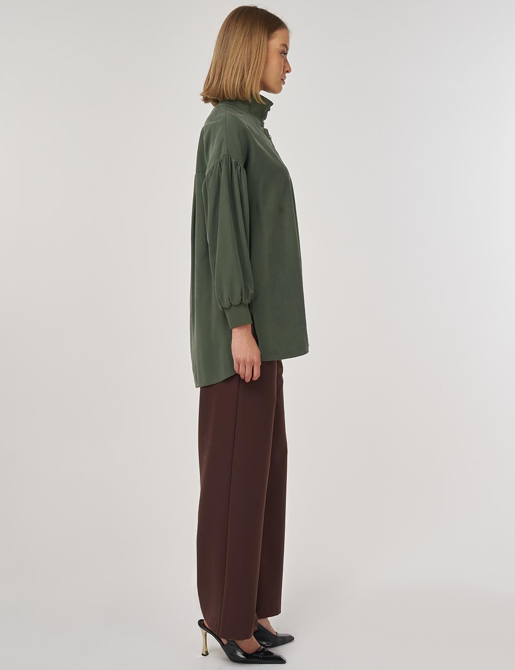 High-Collar Rayon Blouse Forest Green