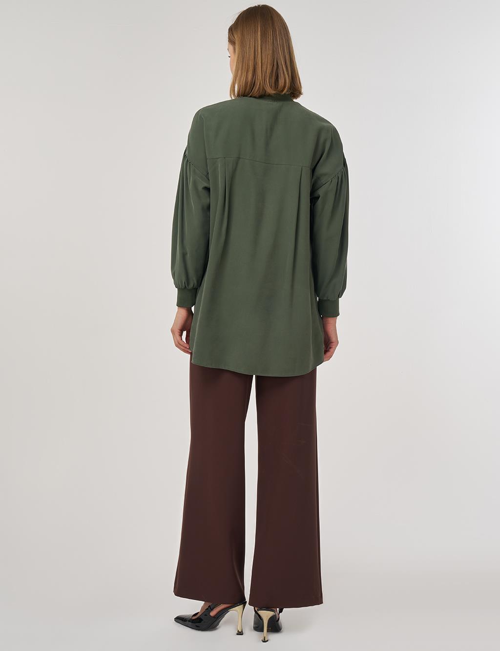 High-Collar Rayon Blouse Forest Green