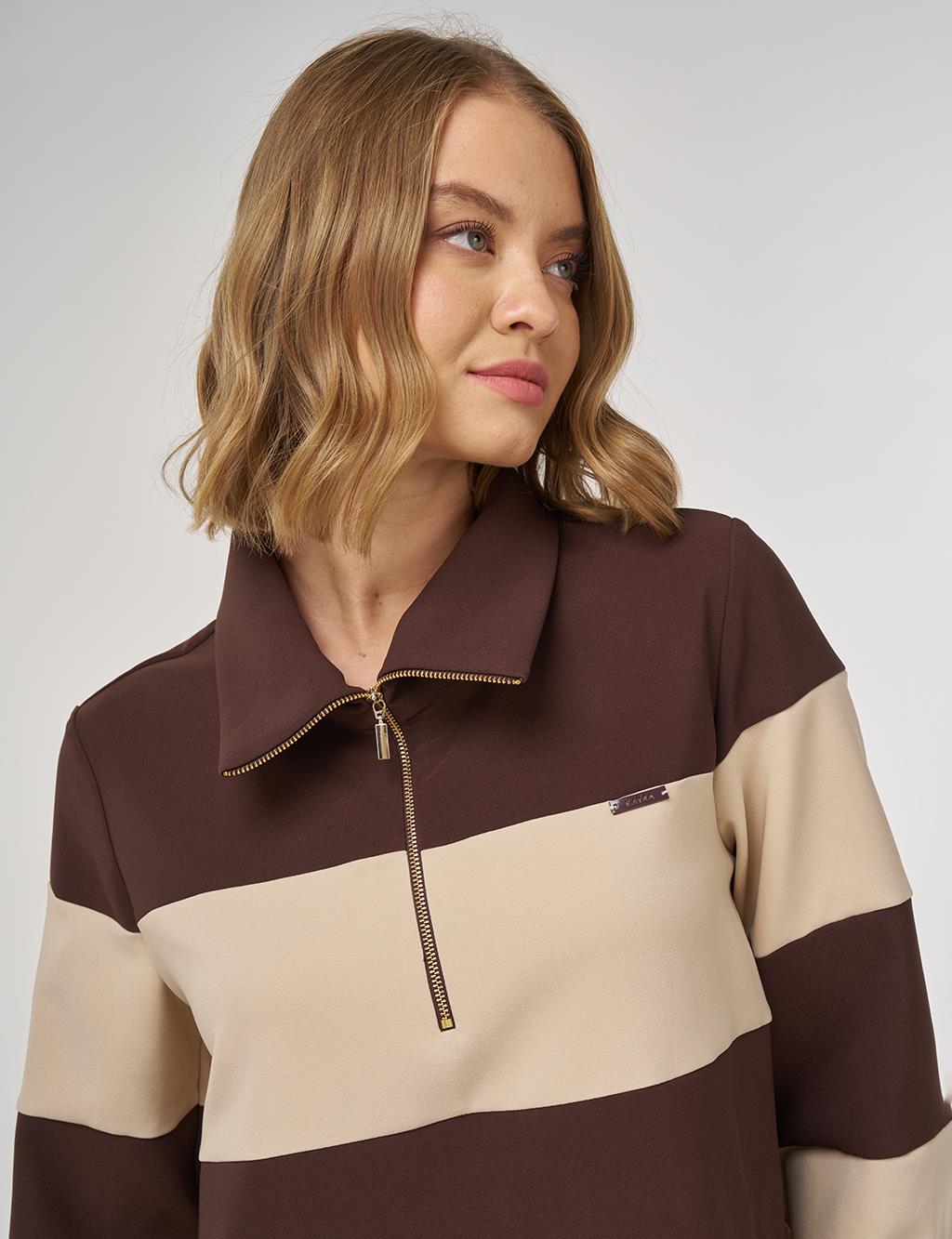 Color-Blocked Wide-Collar Sweatshirt Dark Brown