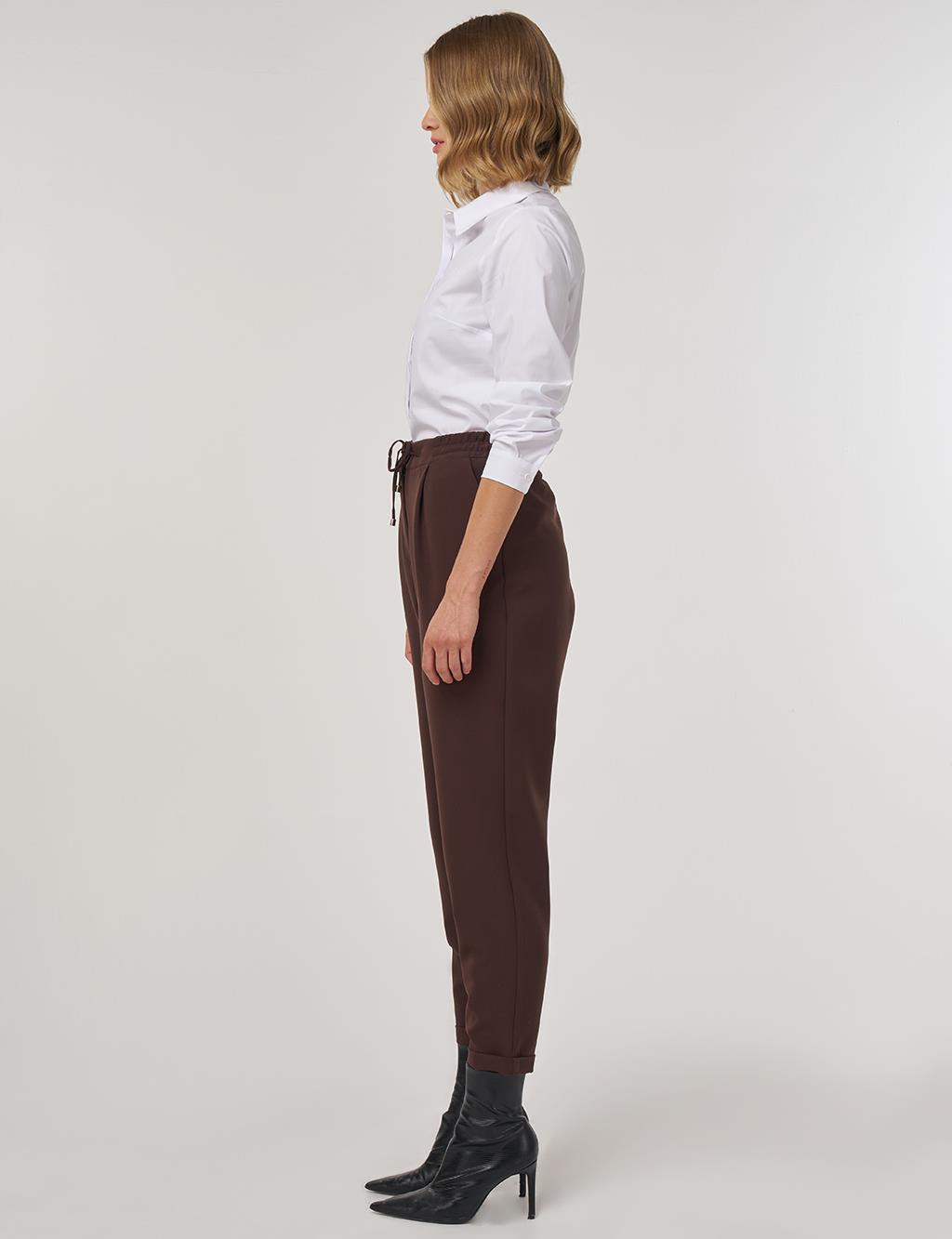 Duble Paça Pileli Pantolon Koyu Kahve