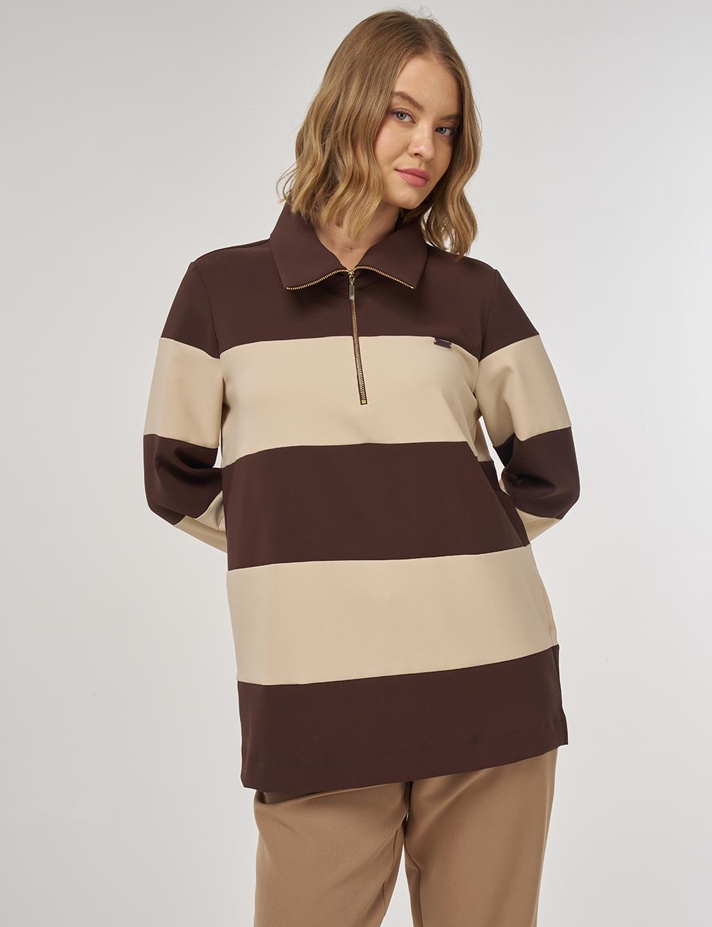 Color-Blocked Wide-Collar Sweatshirt Dark Brown