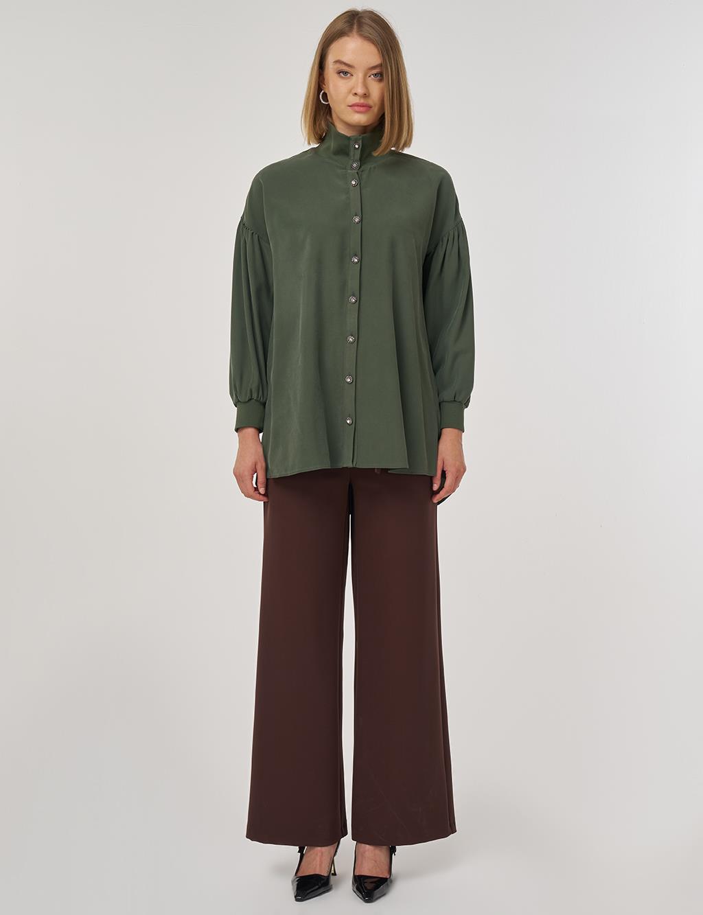 High-Collar Rayon Blouse Forest Green