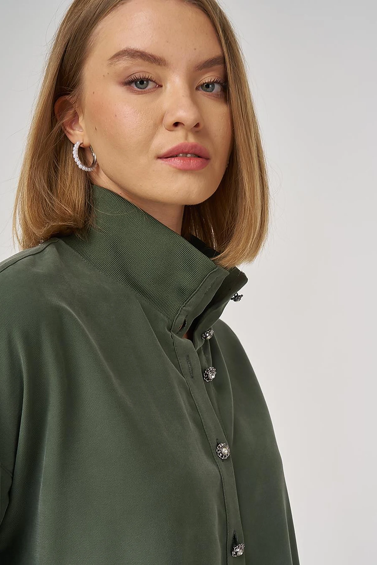 Dik Yaka Rayon Bluz Orman Yeşili 