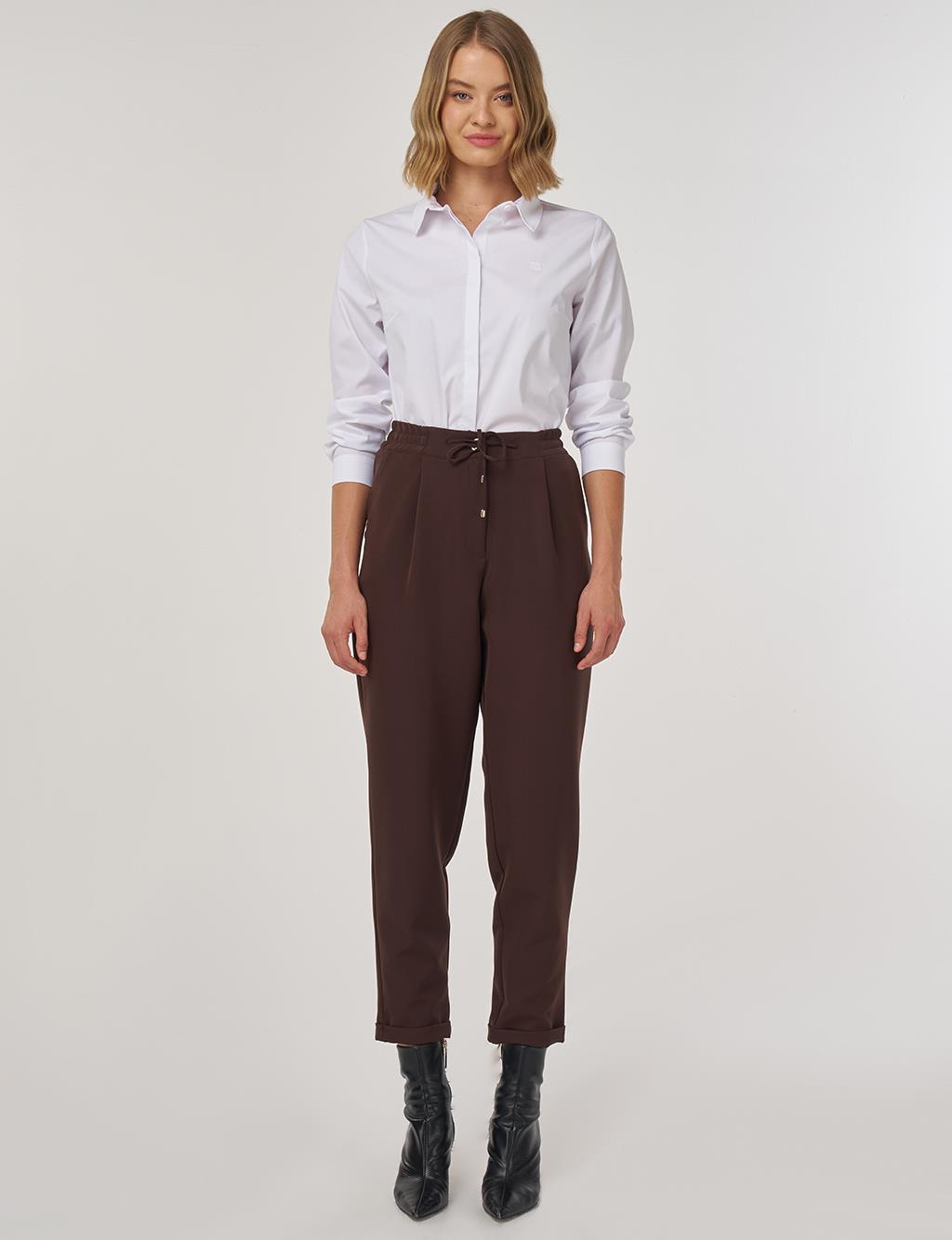 Duble Paça Pileli Pantolon Koyu Kahve