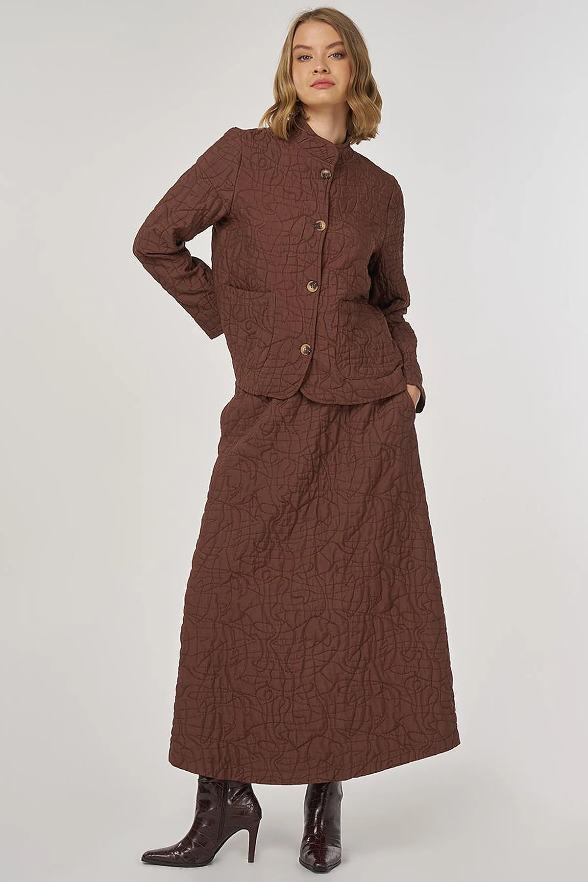 Embossed Pattern Two-Piece Set Brown 