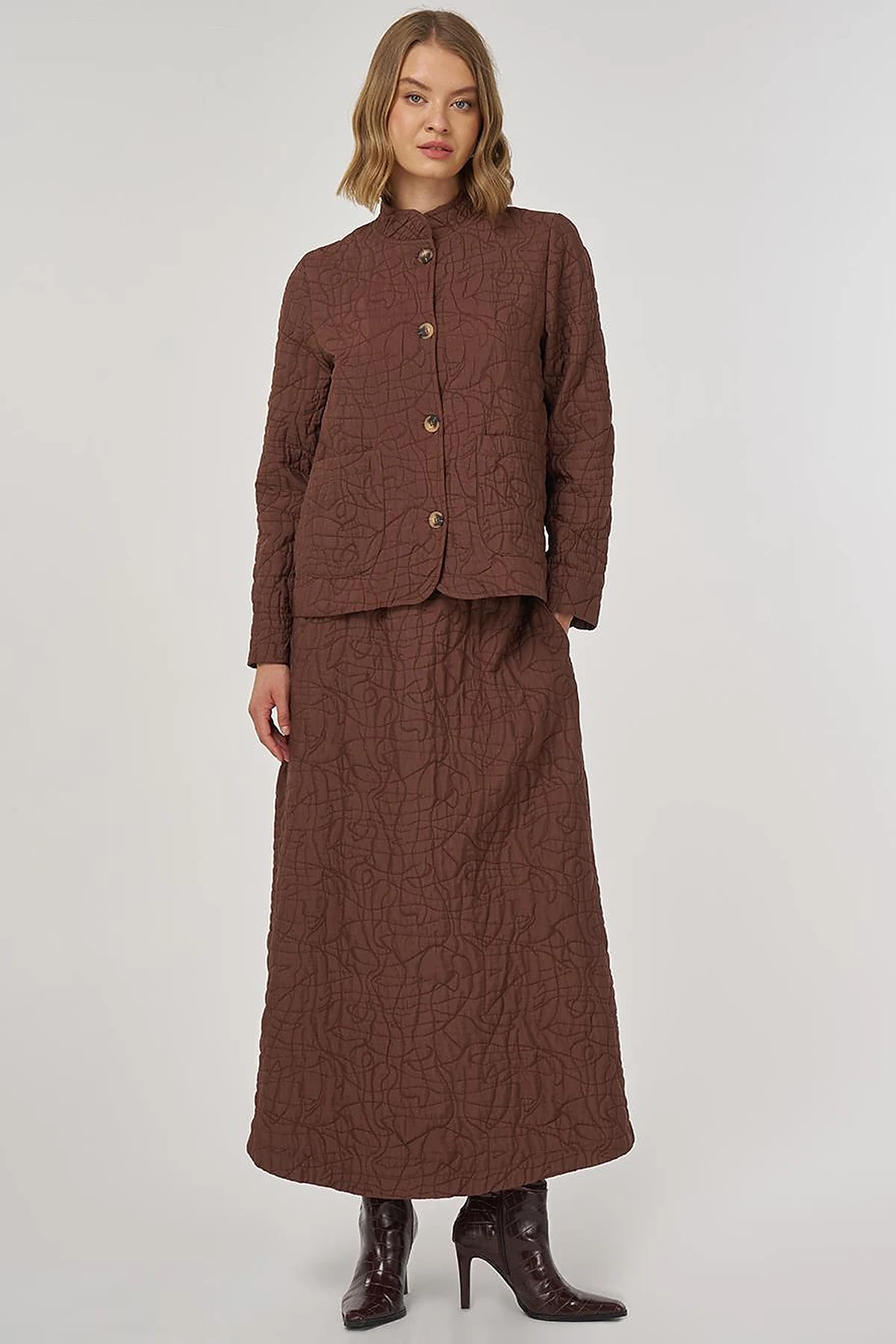 Embossed Pattern Two-Piece Set Brown 