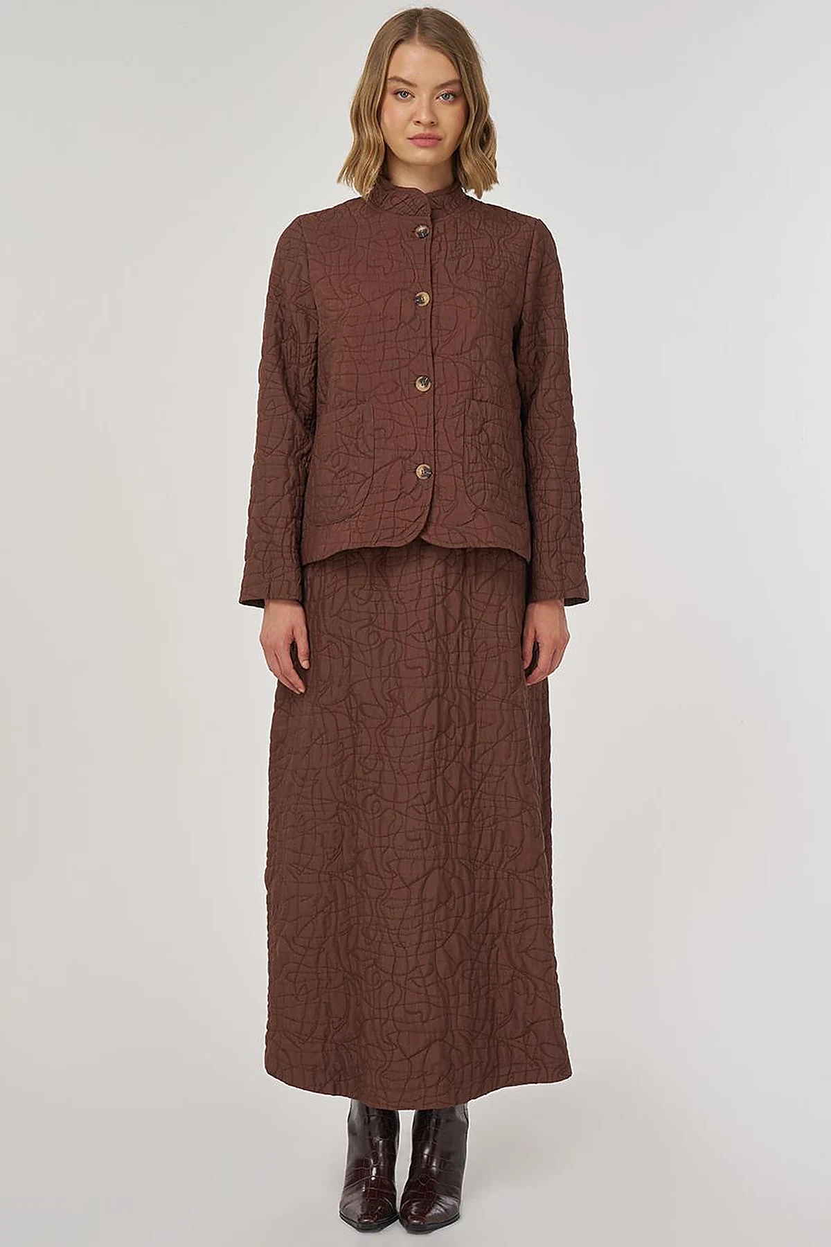 Embossed Pattern Two-Piece Set Brown 
