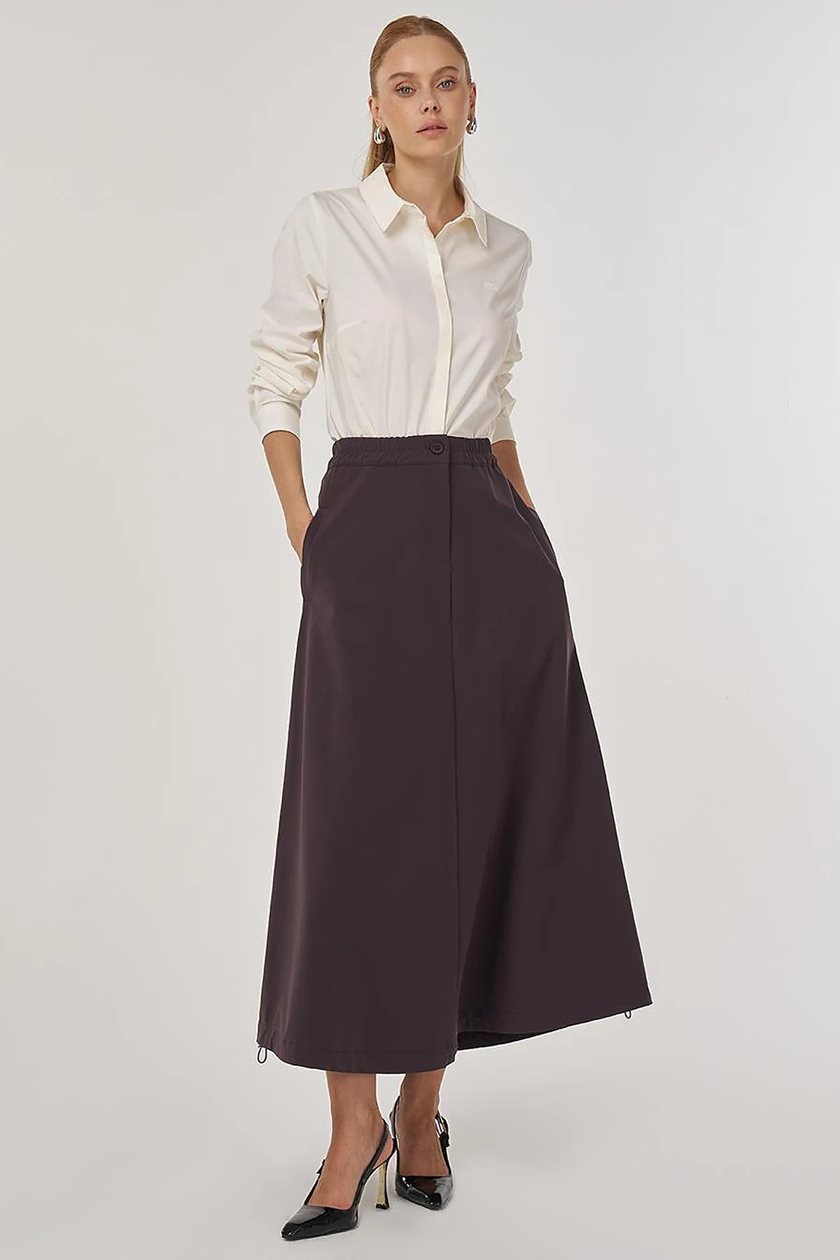 High Waist Flared Skirt Dark Brown