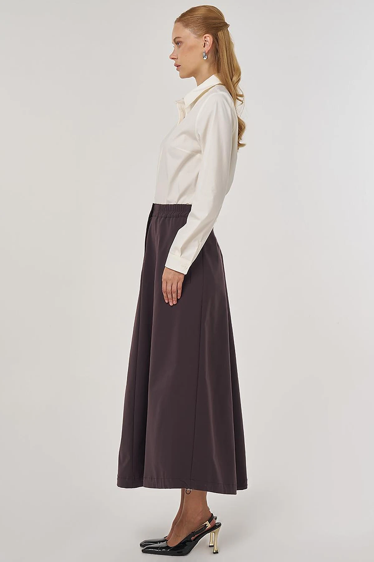 High Waist Flared Skirt Dark Brown