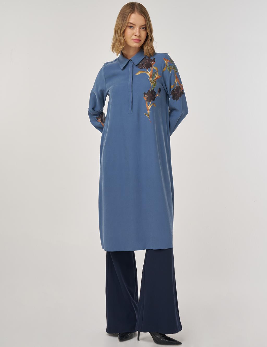 Floral Baskılı Rayon Tunik İndigo 
