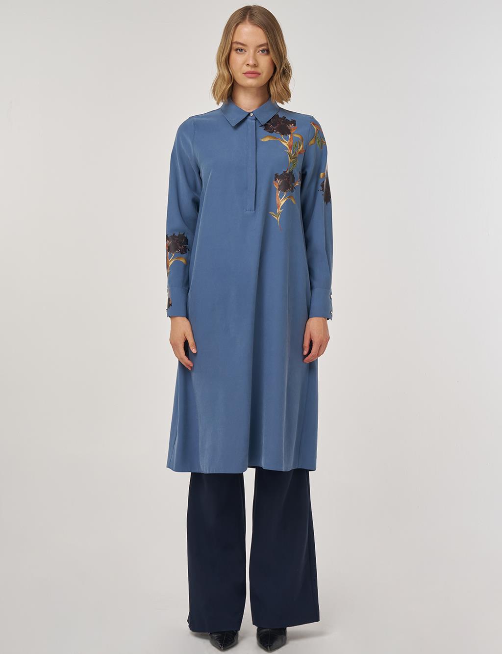 Floral Baskılı Rayon Tunik İndigo 