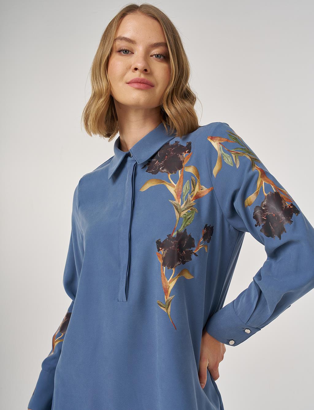 Floral Baskılı Rayon Tunik İndigo 